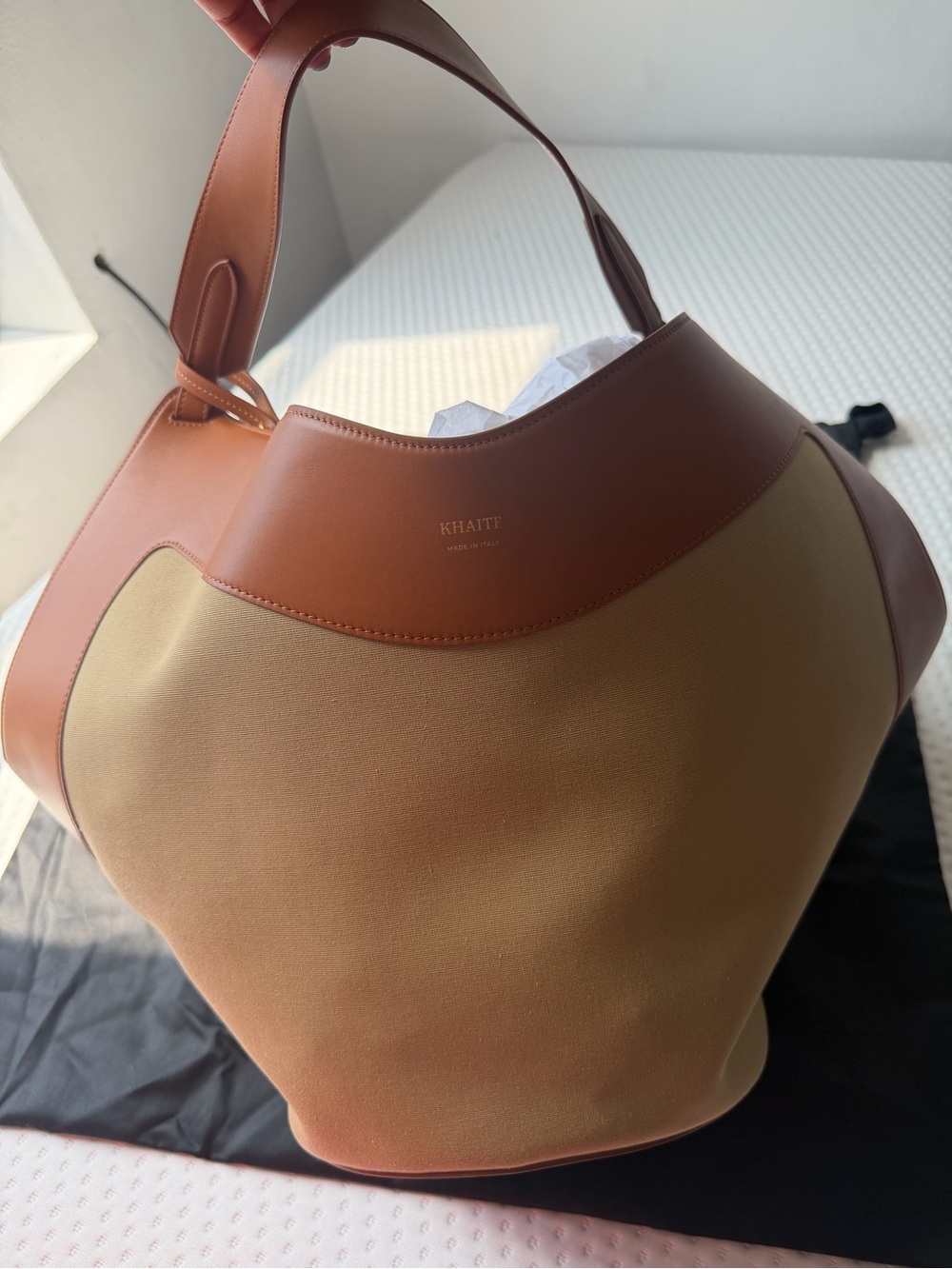 NEW KHAITE Medium Lotus Tote Honey Tan Leather Canvas Shoulder Bag purse $2700 - Picture 9 of 14